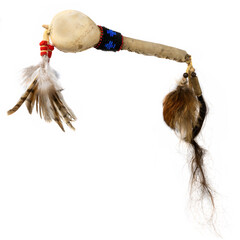 Replica of a North American Indian dance rattle made of gourd with glass beads and feathers