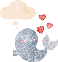 cute cartoon whale in love and thought bubble in retro textured style