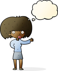 cartoon woman gesturing with thought bubble