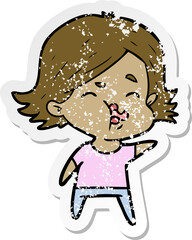 distressed sticker of a cartoon girl pulling face