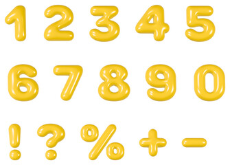 Set of 3d yellow rounded numbers and symbols on white background  - obrazy, fototapety, plakaty