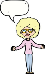 cartoon woman wearing spectacles with speech bubble
