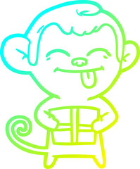 cold gradient line drawing funny cartoon monkey with christmas present