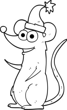 black and white cartoon mouse wearing christmas hat