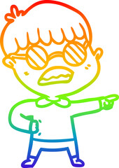 rainbow gradient line drawing cartoon pointing boy wearing spectacles