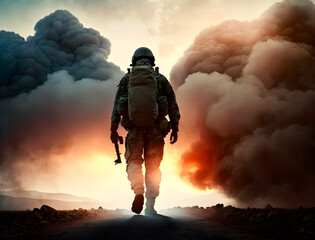 The soldier walks away, surrounded by clouds of colored smoke
