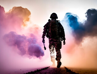 The soldier walks away, surrounded by clouds of colored smoke