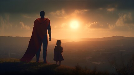 Father and his daughter playing outdoors. Daddy and his child girl in an Superhero's costume