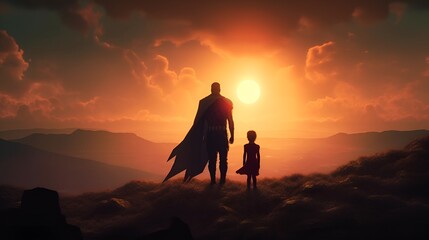 Father and his daughter playing outdoors. Daddy and his child girl in an Superhero's costume