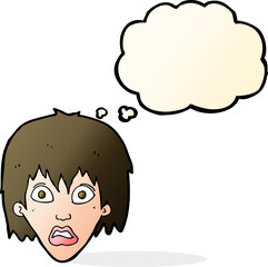 cartoon frightened woman with thought bubble