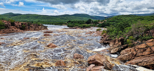 Donana Waterfall in Paraguassu River with dark waters in Andarai, Chapada Diamantina, Bahia in...