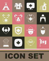 Set Flag of Canada, Acorn, Winter hat, Canadian maple leaf, Bear head, Beaver animal, Indian teepee wigwam and Hockey jersey icon. Vector