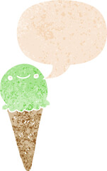 cartoon ice cream and speech bubble in retro textured style