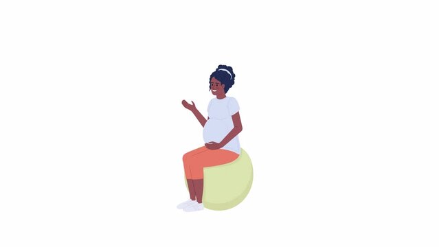 Animated pregnant on exercise ball. Soon-to-be mother sitting and training. Flat character animation on white background with alpha channel transparency. Color cartoon style 4K video footage