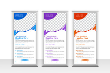 Professional rollup banner design. Attractive variety in three colors, Vector illustration.