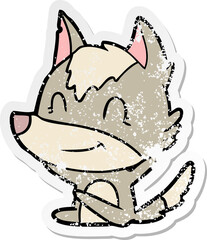 distressed sticker of a friendly cartoon wolf