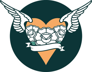 tattoo style icon of a flying heart with flowers and banner