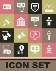 Set Auction auctioneer sells, Hand holding paddle, hammer, Museum building, Online and Price tag with Sale icon. Vector