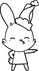 curious bunny line drawing of a wearing santa hat
