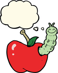 cartoon bug eating apple with thought bubble