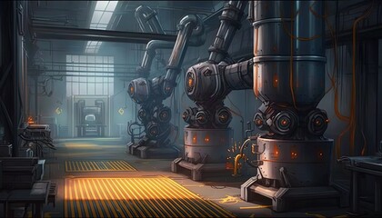factory scene with machine and iron tubes, Generative Ai