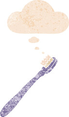 cartoon toothbrush and thought bubble in retro textured style