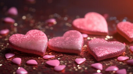 Fototapeta premium Love hearts with pink glitters on full background