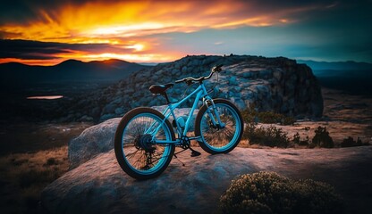 Naklejka na ściany i meble Bicycle on a mountain trail with stunning evening views