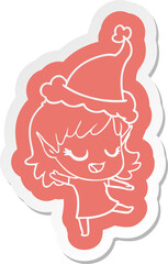 happy cartoon  sticker of a elf girl wearing santa hat