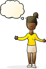 cartoon woman shrugging shoulders with thought bubble