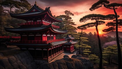 Fototapeta na wymiar Asian temple at top of mountain peak in twilight time, Generative Ai