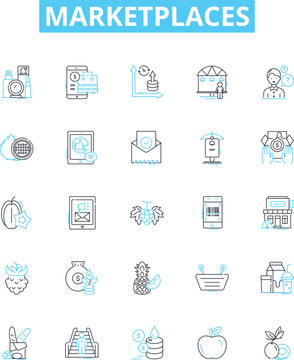 Marketplaces vector line icons set. Marketplaces, ecommerce, trading, buying, selling, retail, vendor illustration outline concept symbols and signs