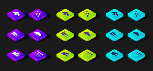 Set Folder and lock, Data analysis, Financial growth decrease, Network cloud connection, Search with folder and Cloud shield icon. Vector