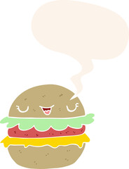 cartoon burger and speech bubble in retro style