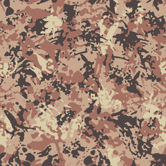 Fototapeta Grunge blot splashes texture and dry brush strokes for camouflage clothing, dirty spotted print. Camo textiles, seamless pattern. Desert military style, brown background. Vector smear wallpaper  obraz