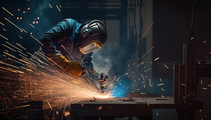 welder is welding metal , industry them bokeh and sparkle background, Generative Ai - obrazy, fototapety, plakaty
