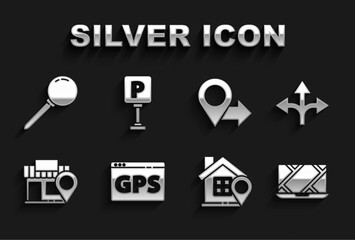 Set Gps device with map, Road traffic sign, City navigation, Location house, store, Push pin and Parking icon. Vector