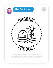 Organic product thin line icon. Farmer's house in field. Modern vector illustration.