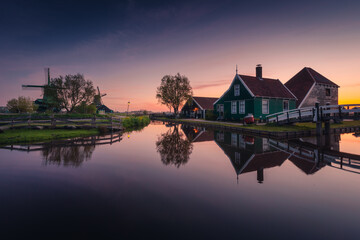 Morning at Zaanse Schans in the Netherlands - it is one of the most beautifully located open-air museums in Europe. Here we will find classic Dutch buildings.