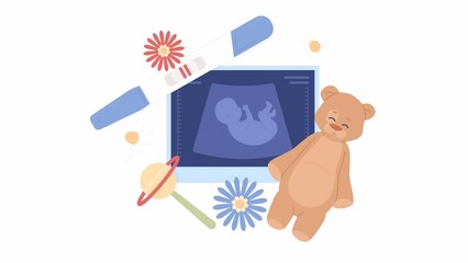 Animated celebrate pregnancy journey. Baby sonogram with gifts, test. Flat cartoon style icon 4K video footage. Color isolated composition animation on white background with alpha channel transparency