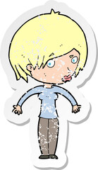 retro distressed sticker of a cartoon woman shrugging