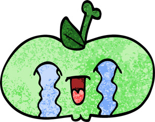 grunge textured illustration cartoon of a sad apple