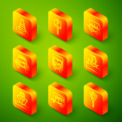 Set line Traffic cone, Parking, Wild west covered wagon, Police car and flasher, Delivery cargo truck, Sailboat, Cargo ship and Rv Camping trailer icon. Vector
