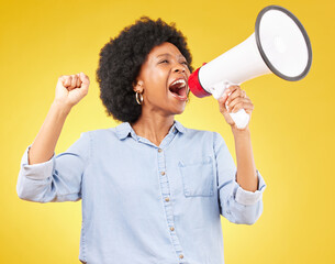 Megaphone announcement, shout or studio black woman protest for democracy vote, justice or human...