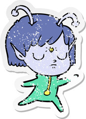 distressed sticker of a cartoon alien girl