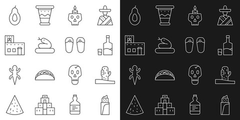 Set line Burrito, Cactus, Tequila bottle and glass, Burning candle on skull, Snake, Mexican house, Avocado and Flip flops icon. Vector