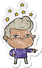 distressed sticker of a cartoon excited man