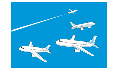 青空に飛ぶ飛行機とひこうき雲のイラスト