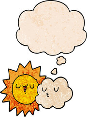 cartoon sun and cloud and thought bubble in grunge texture pattern style