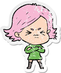 distressed sticker of a cartoon angry girl